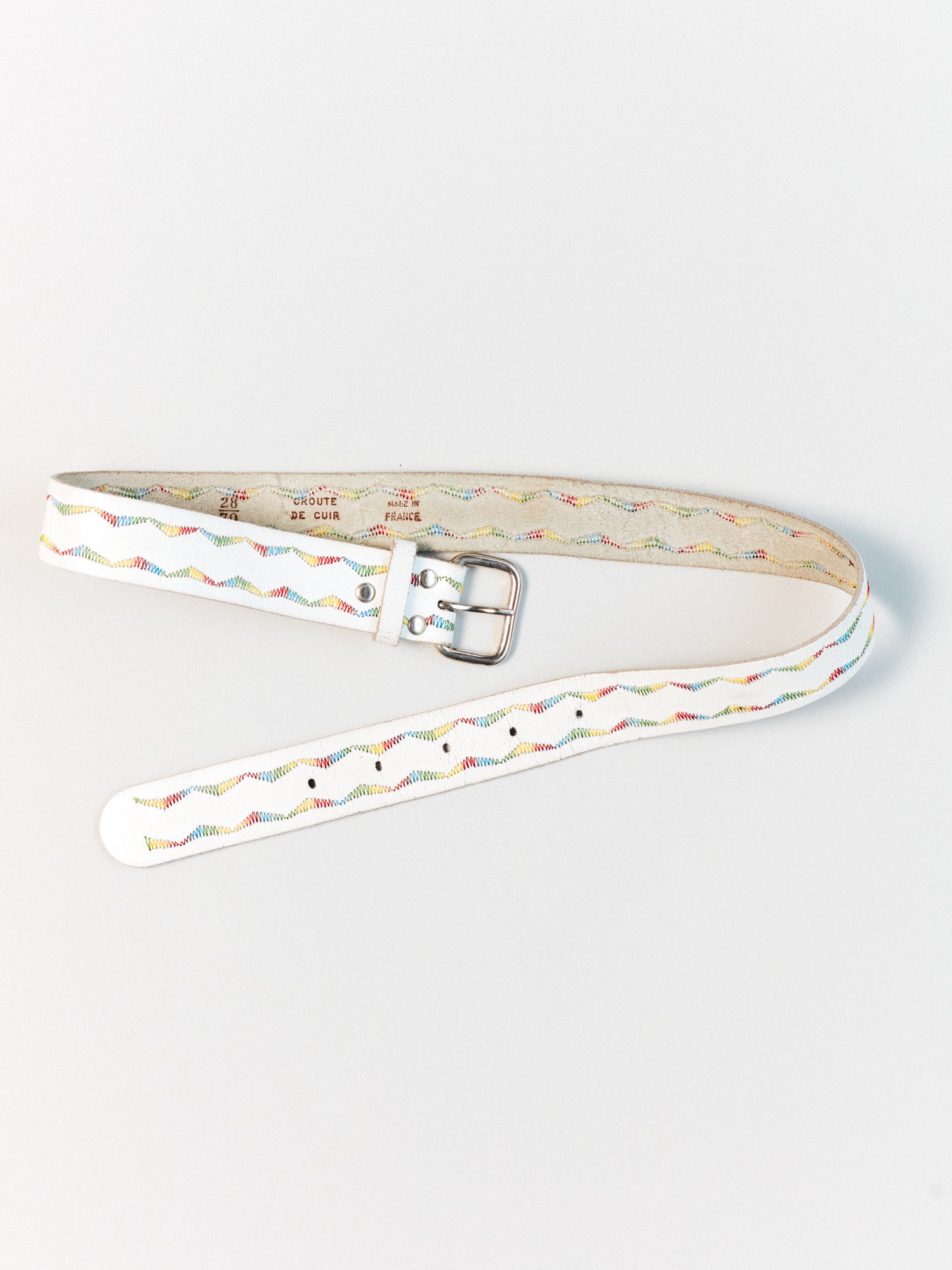 1970s White Split Leather Belt with Rainbow Zig Zag Stitching and